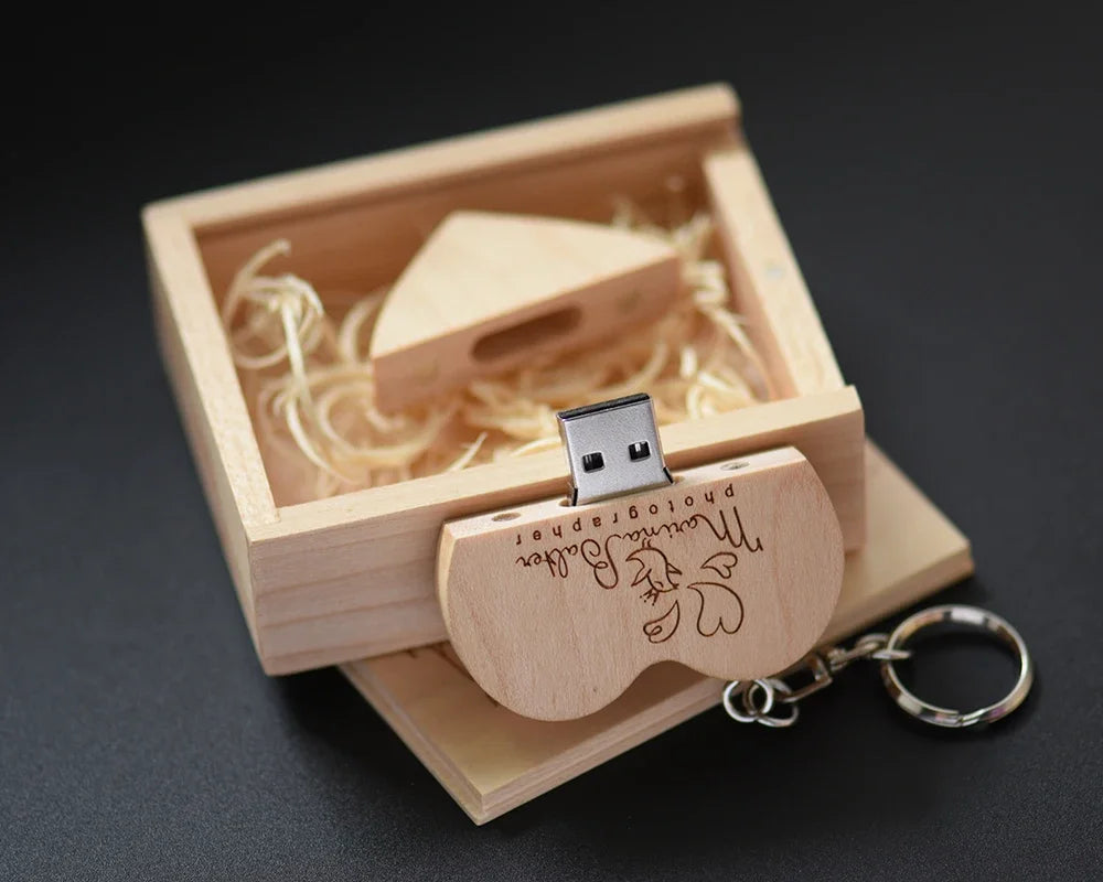 JASTER 10PCS/LOT Wooden Heart USB 2.0 Flash Drives 128GB  Free custom logo key chain Pen drive 64GB 32GB Business gift USB stick