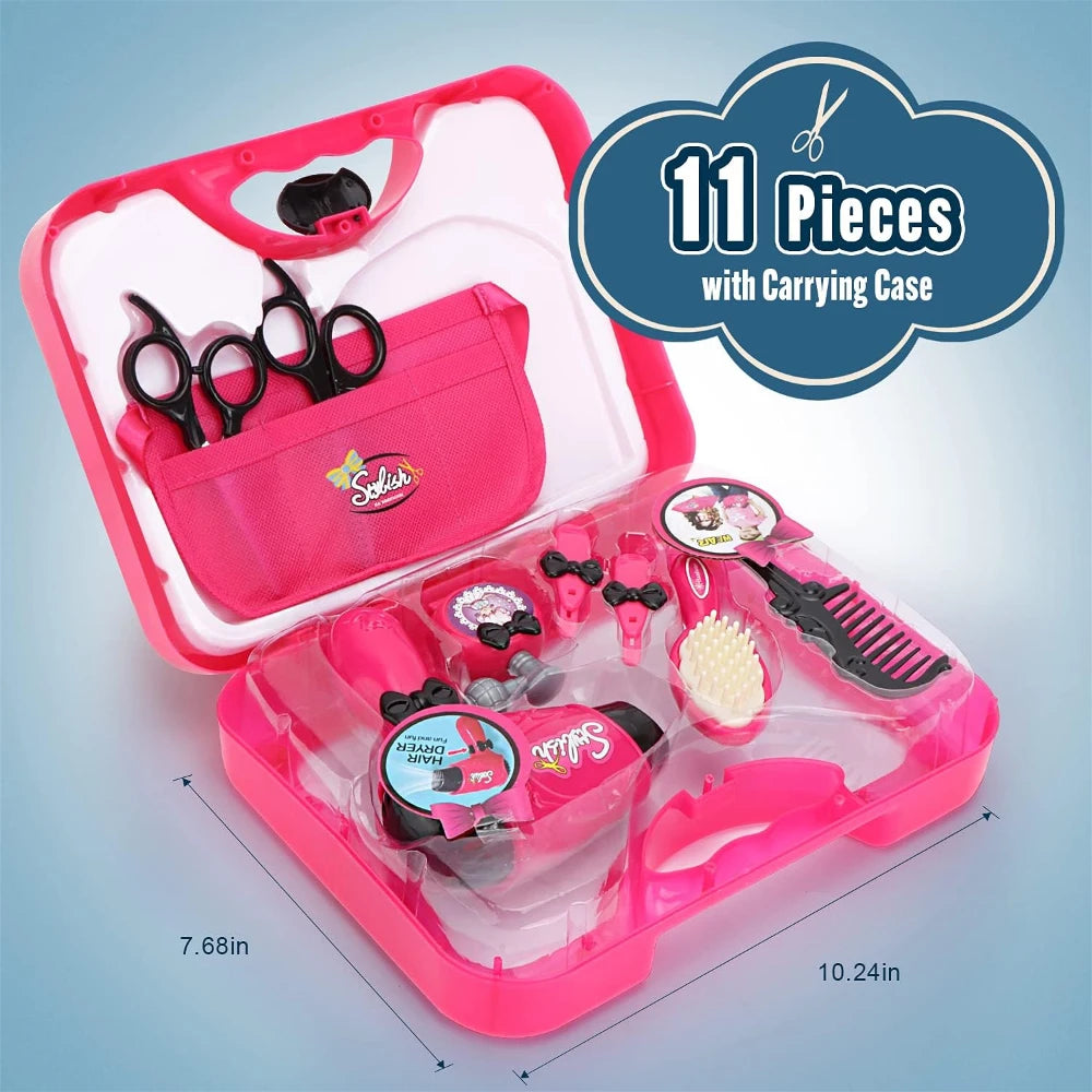 Girls Beauty Salon Set, Pretend Play Stylist Hair Cutting Kit Hairdresser Toys with Hair Dryer Scissors Barber Apron and Styling