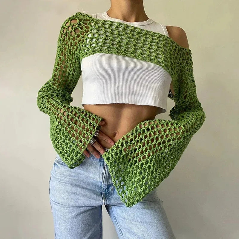 JOEVILU Cropped Knit Top Oversized Slimming Mesh Sunscreen Cover-Up Women's Thin Long Sleeve Breathable Sun Protection Blouses