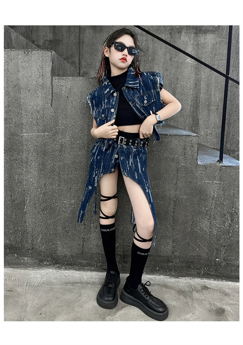 junior Girls Street Jazz Dance Set short denim vest jacket+Irregular skirt black top shorts belt teen girls clothes suit outfits