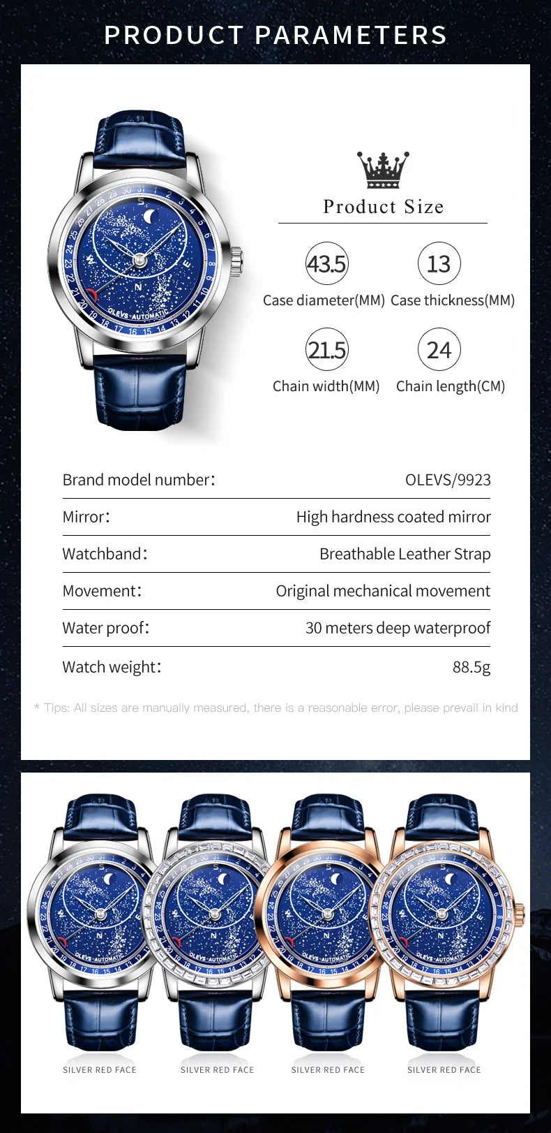 OLEVS 9923 Mens Watch Luxury Original Automatic Mechanical Watch Leather Strap Waterproof Luminous Starry Dial Watch For Men