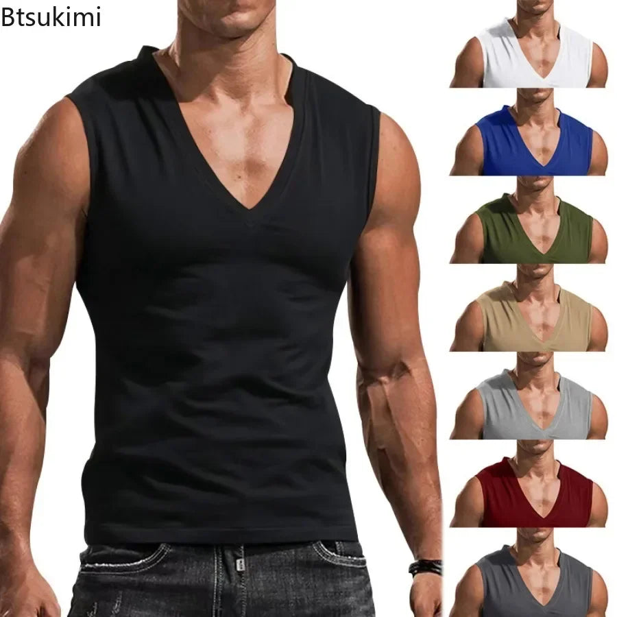 New 2026 Men's Summer Vest Fashion V-Neck Solid Cotton Sleeveless Pullovers Casual Fitness Tees Sports Running Tank Tops for Men