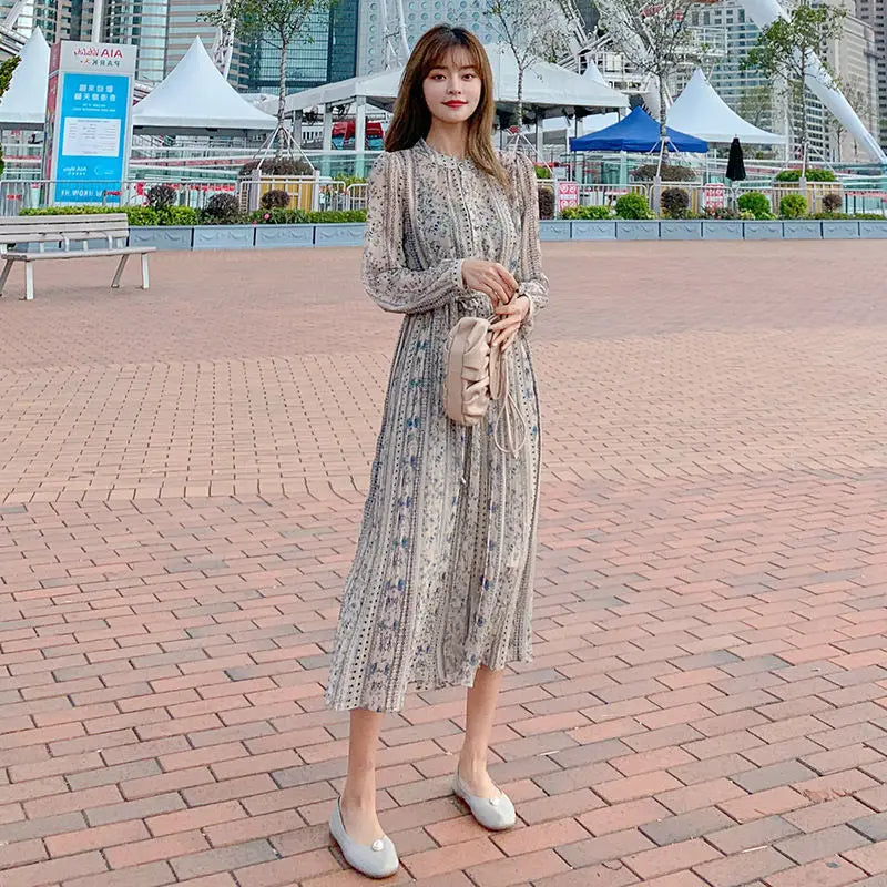 Retro Dress Spring Summer Long Sleeve Floral Chiffon High Waist Court Over Knee Popular Inside Women's Dress 2022Vestidos Office