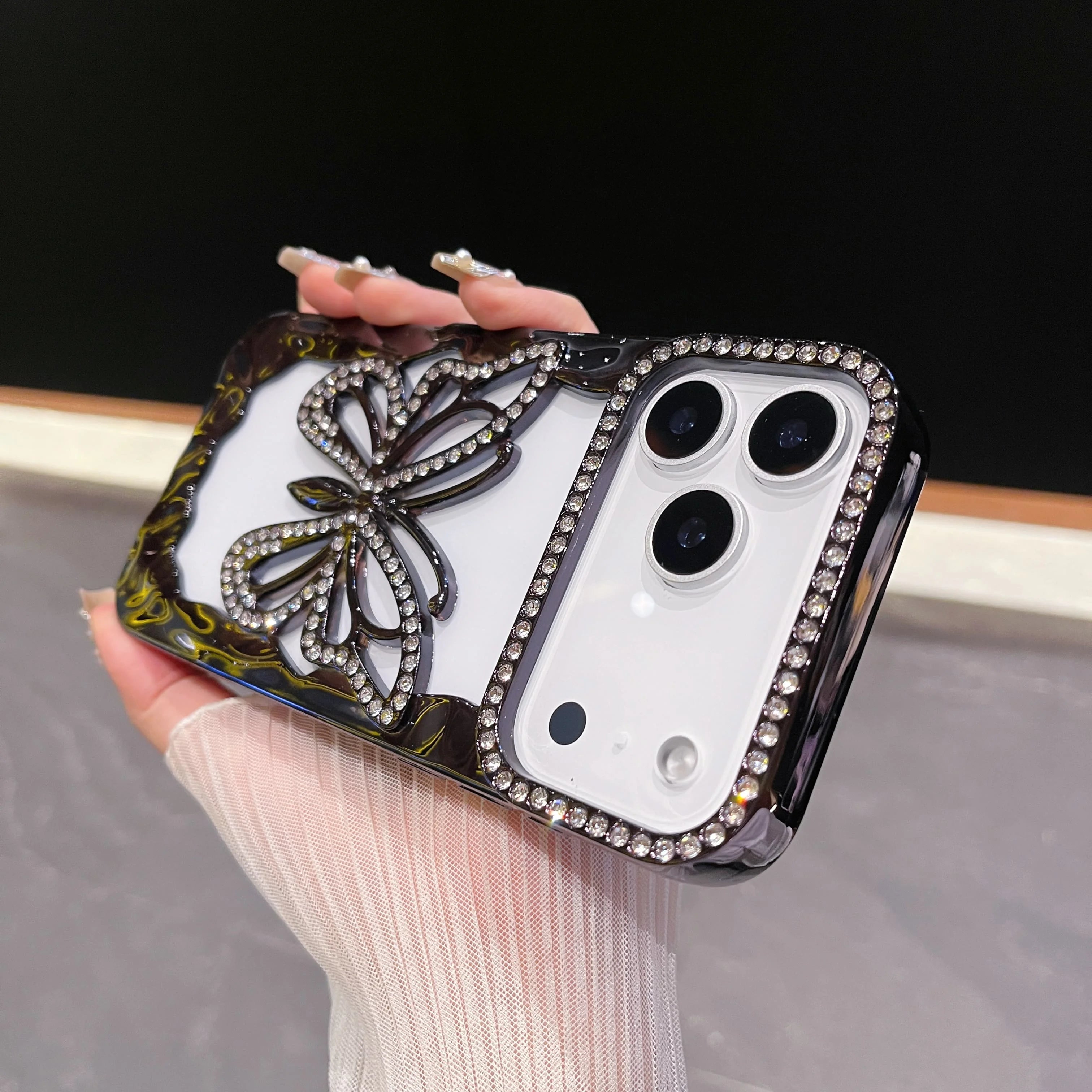 Bling Diamond Hollow Butterfly Phone Case For iPhone 17 Air 16 15 14 Plus 13 12 11 Pro Max Plating Glitter Shockproof Soft Cover