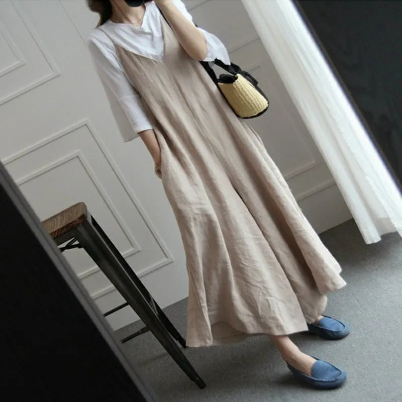 Johnature Summer New Cotton Linen Large Size Women Jumpsuits 2025 Solid Color Spaghetti Strap V-neck Loose Casual Playsuits
