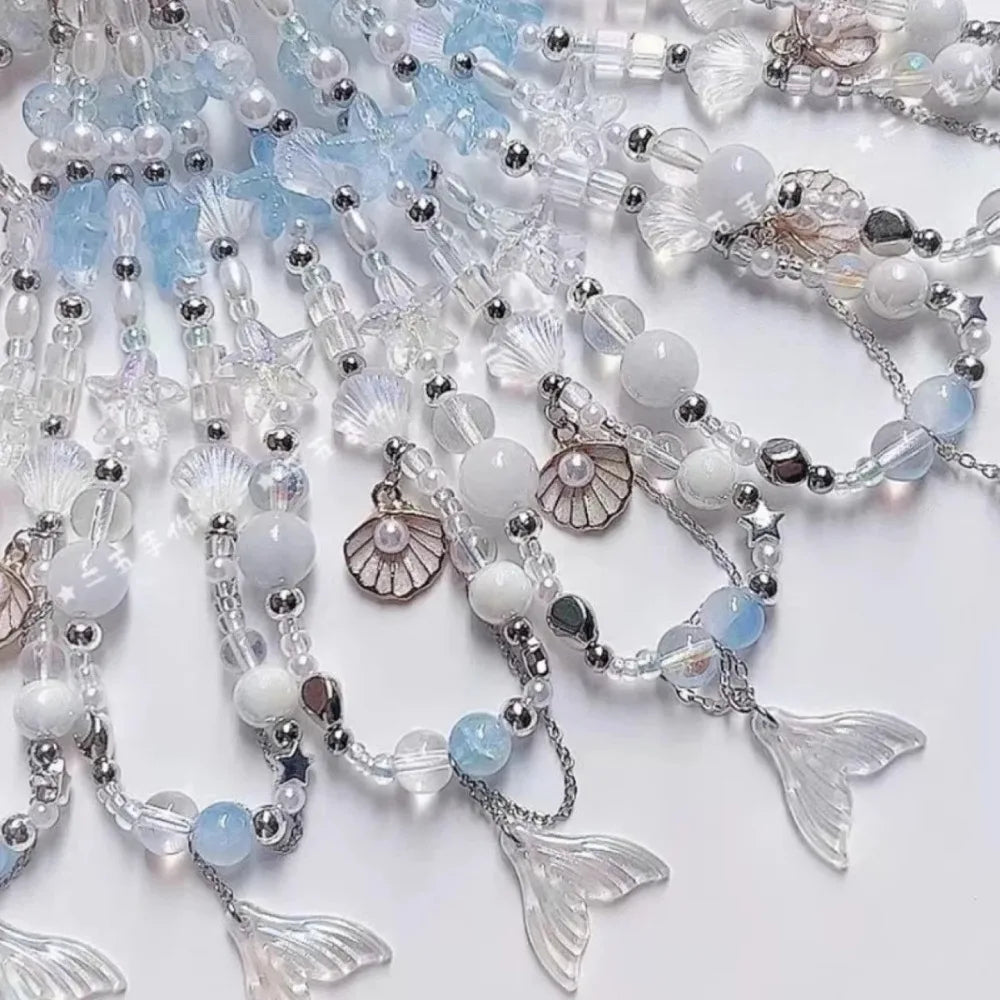 Dreamy Mermaid Sea Shell Phone Chain Lanyard Charm Strap Wrist Bead Cord Bracelet Keychain For iPhone Girl Hanging Rope Jewelry