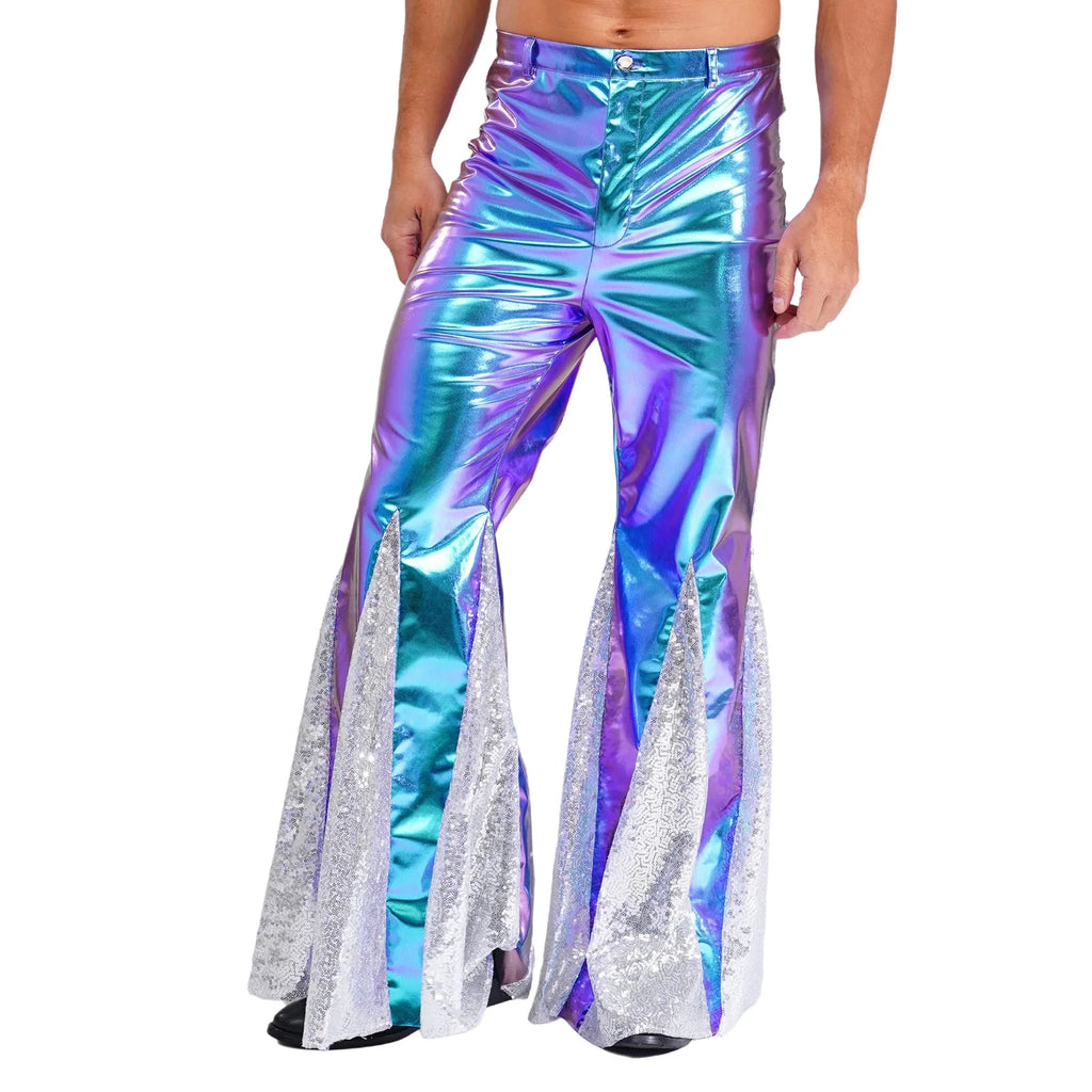 Mens Shiny Metallic 70s Disco Pants Hippie Vintage Costume Dance Party Sequins Bell Bottoms Stage Performance Flared Pants