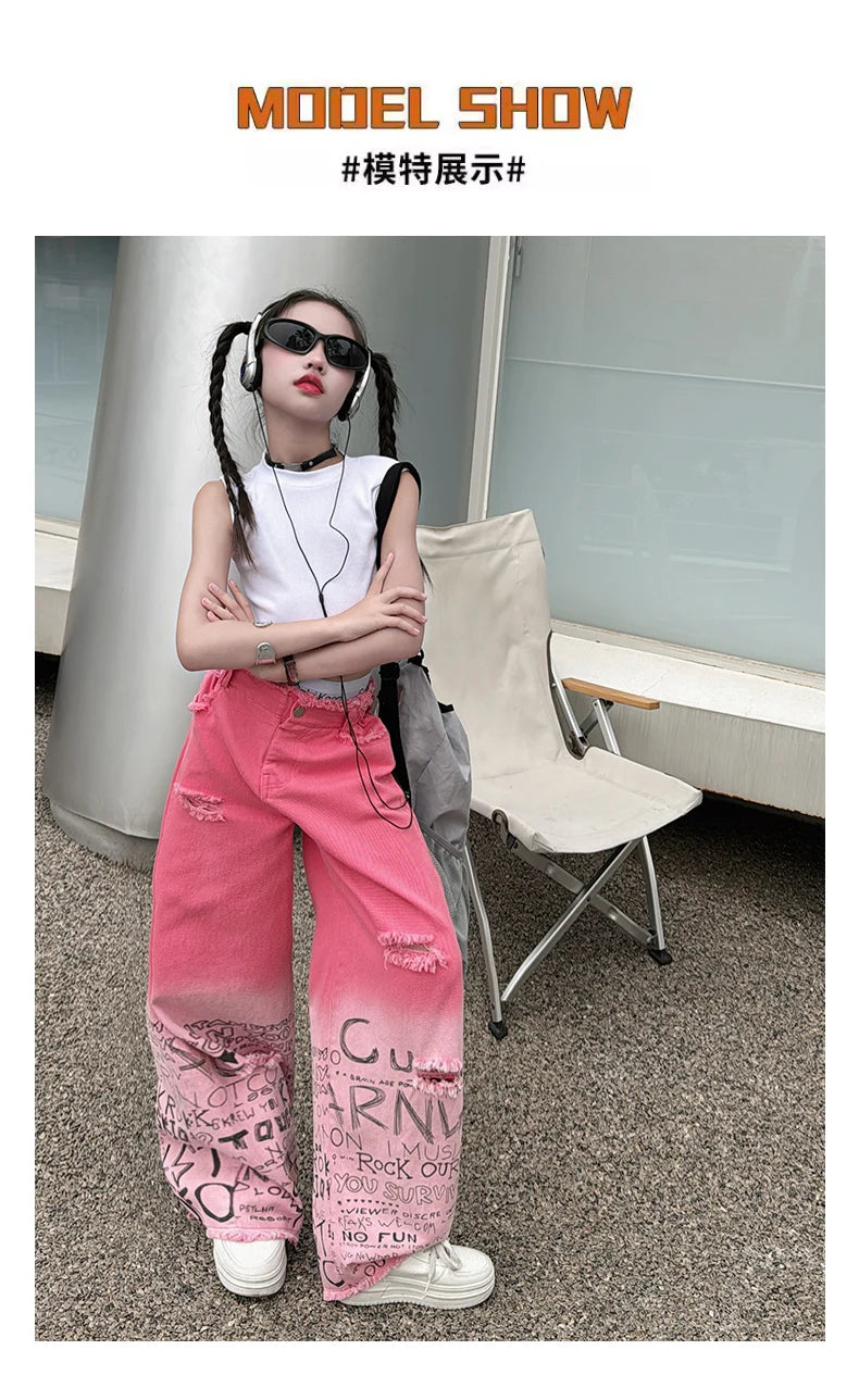 junior girls pink gradient color hole wide leg jeans cotton teenager kids Mop pants pant children trousers adolecentes 4 12 14