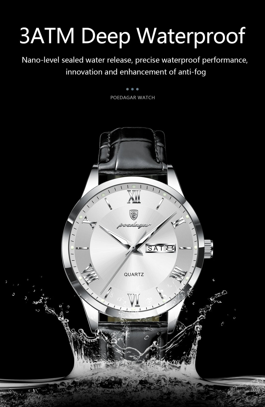 POEDAGAR Classic Luxury Men's Wristwatch Date Week Leather Business Man Watch Waterproof Luminous Fashion Quartz Watches For Men