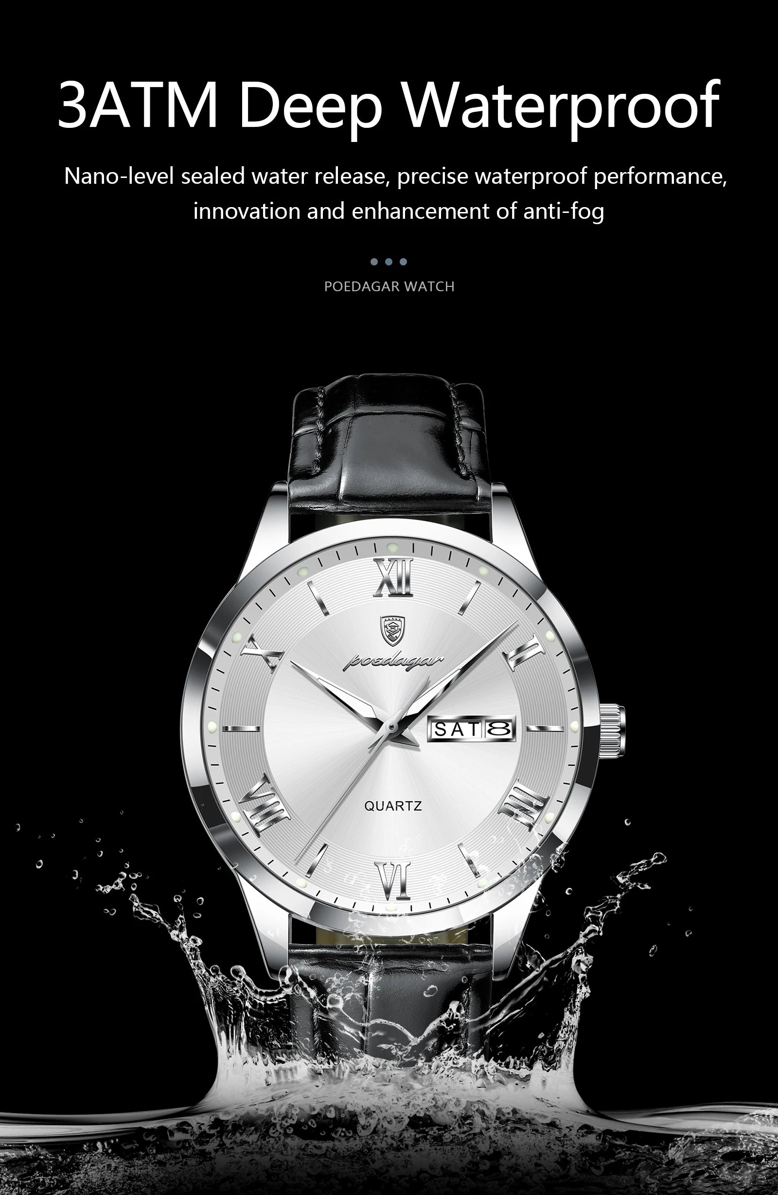 POEDAGAR Classic Luxury Men's Wristwatch Date Week Leather Business Man Watch Waterproof Luminous Fashion Quartz Watches For Men