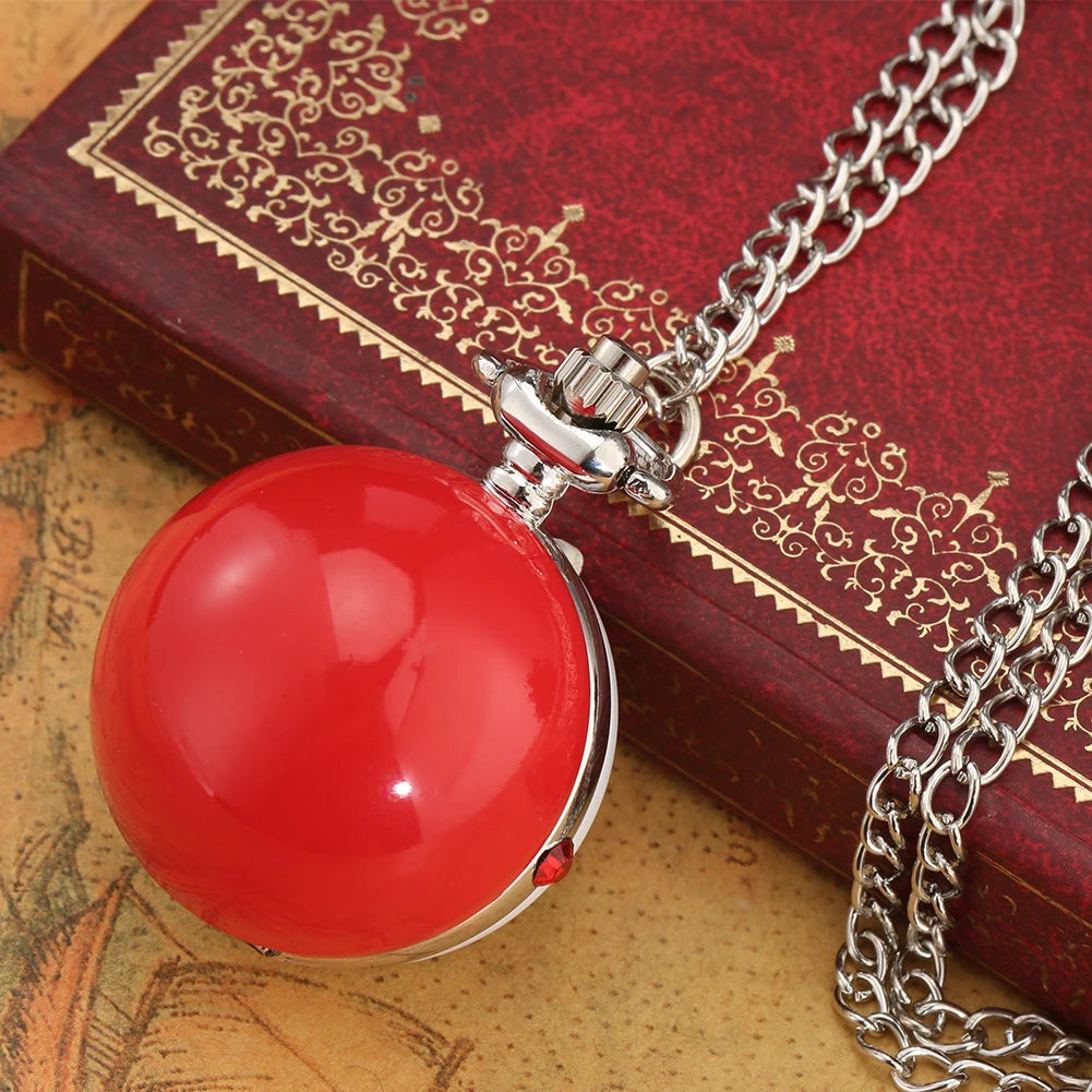 Xmas Red White Ball Shaped Necklace Pocket Watch Kids Pendant Quartz Pocket Clock Christmas Gifts
