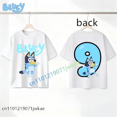 Bluey Birthday Number T-shirt 1-9 Y Kids Front Back Print Cute Cartoon Short Sleeve Boys Girls Summer Tops Birthday Party Gifts