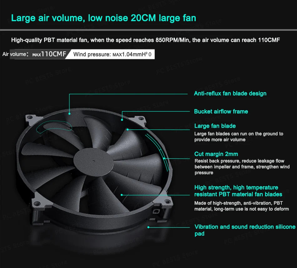 Phanteks F200SP Case Fan 200mm High-volume Black Chassis Cooling fan 4PIN 30mm Thickened Quiet Cooler pc cpu Cooling Fan