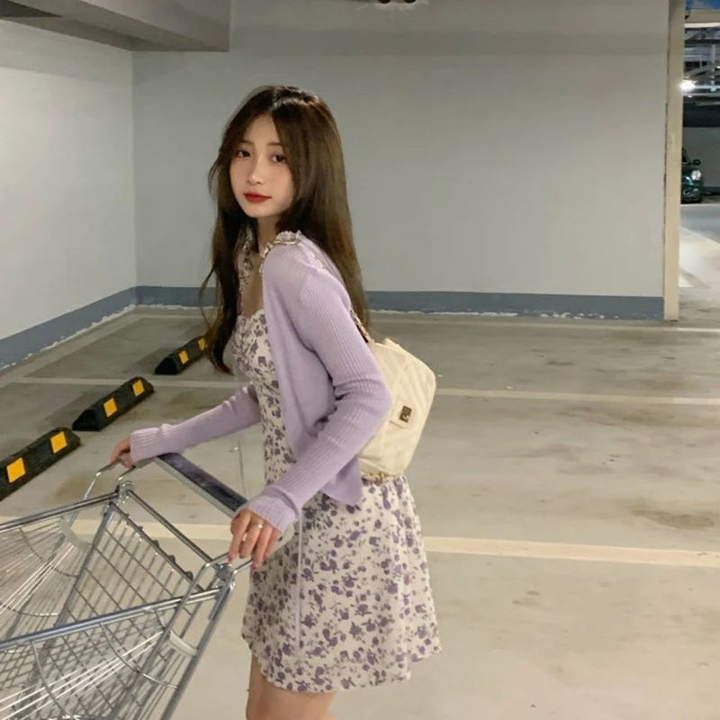 Lucyever Summer Purple Two-piece Sets Dress for Women Floral Slip Mini Dress+Sunscreen Shawl Cardigan Woman 2022 New Sundress