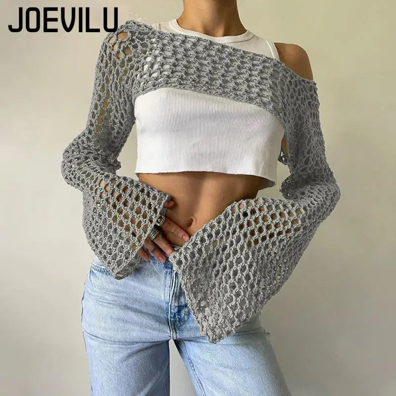 JOEVILU Cropped Knit Top Oversized Slimming Mesh Sunscreen Cover-Up Women's Thin Long Sleeve Breathable Sun Protection Blouses
