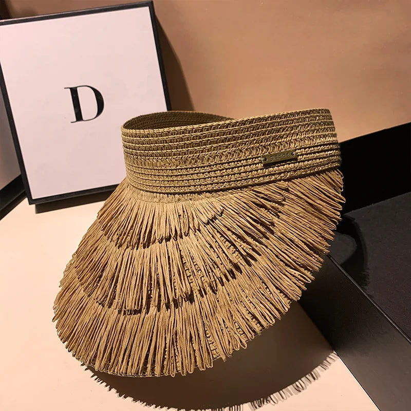 Designer Brand Sunscreen Tassel Straw Hats for Women Summer Empty Top Sun Hat Outdoor Pamama UV Protection Beach Sunshade Cap