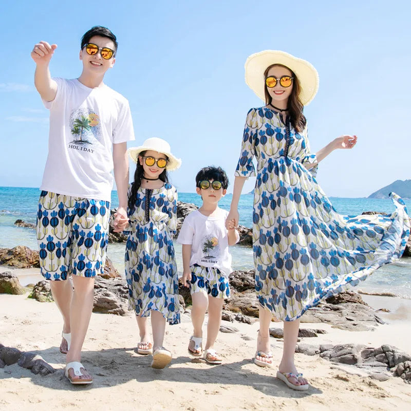 Vacation Look Family Matching Clothes for Parents and Children Outfits Daughter Mom Dress Son Dad T Shirts Shorts Two Piece Sets