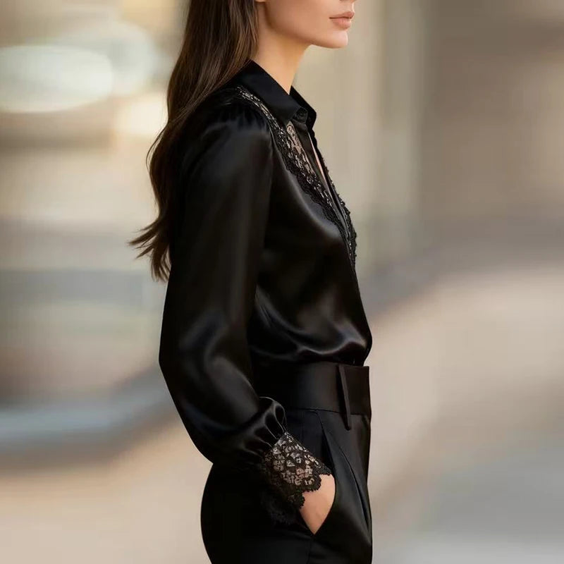 Elegant Blouses For Women Spring Autumn Satin Shirt Women Fashion Flare Long Sleeve Button Silk Blouse All Match Office Lady Top