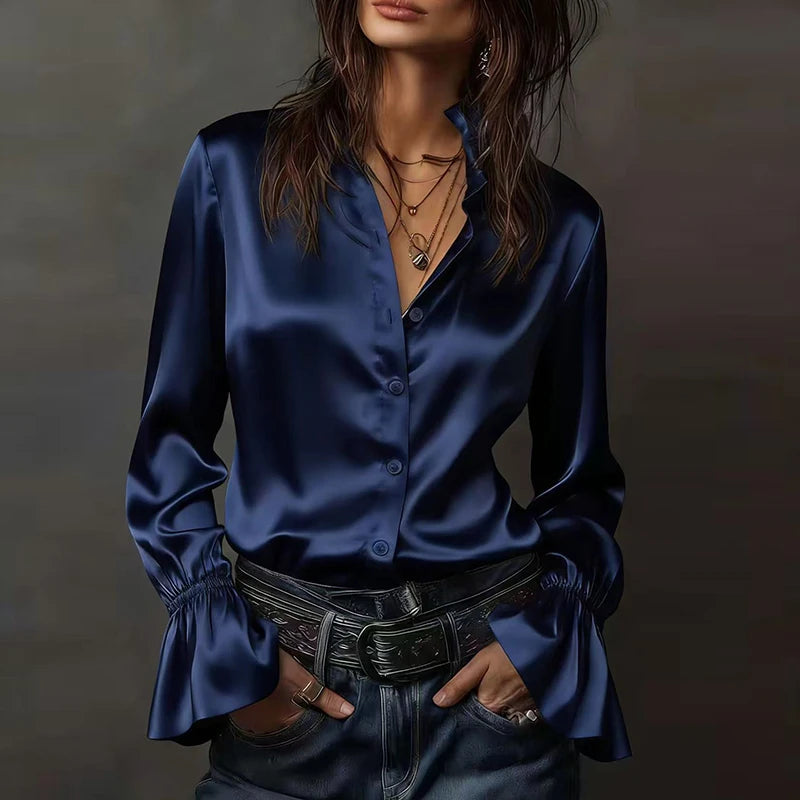 Elegant Blouses For Women Spring Autumn Satin Shirt Women Fashion Flare Long Sleeve Button Silk Blouse All Match Office Lady Top