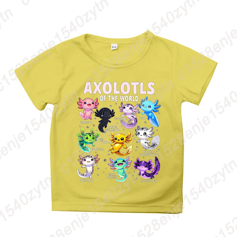 Colorful Cartoon Axolotls Graphic Print Tee, Girls' Casual & Comfy Crew Neck Short Sleeve T-shirt For Spring & Summer
