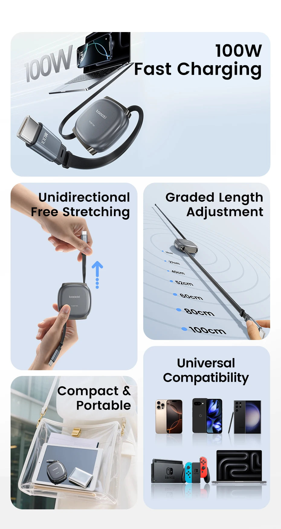 Toocki PD100W USB-C Cable Magnetic Slot Design 7 Adjustable Length 1M Retractable USB C to Type C Cable for iPhone 16 15 AirPods