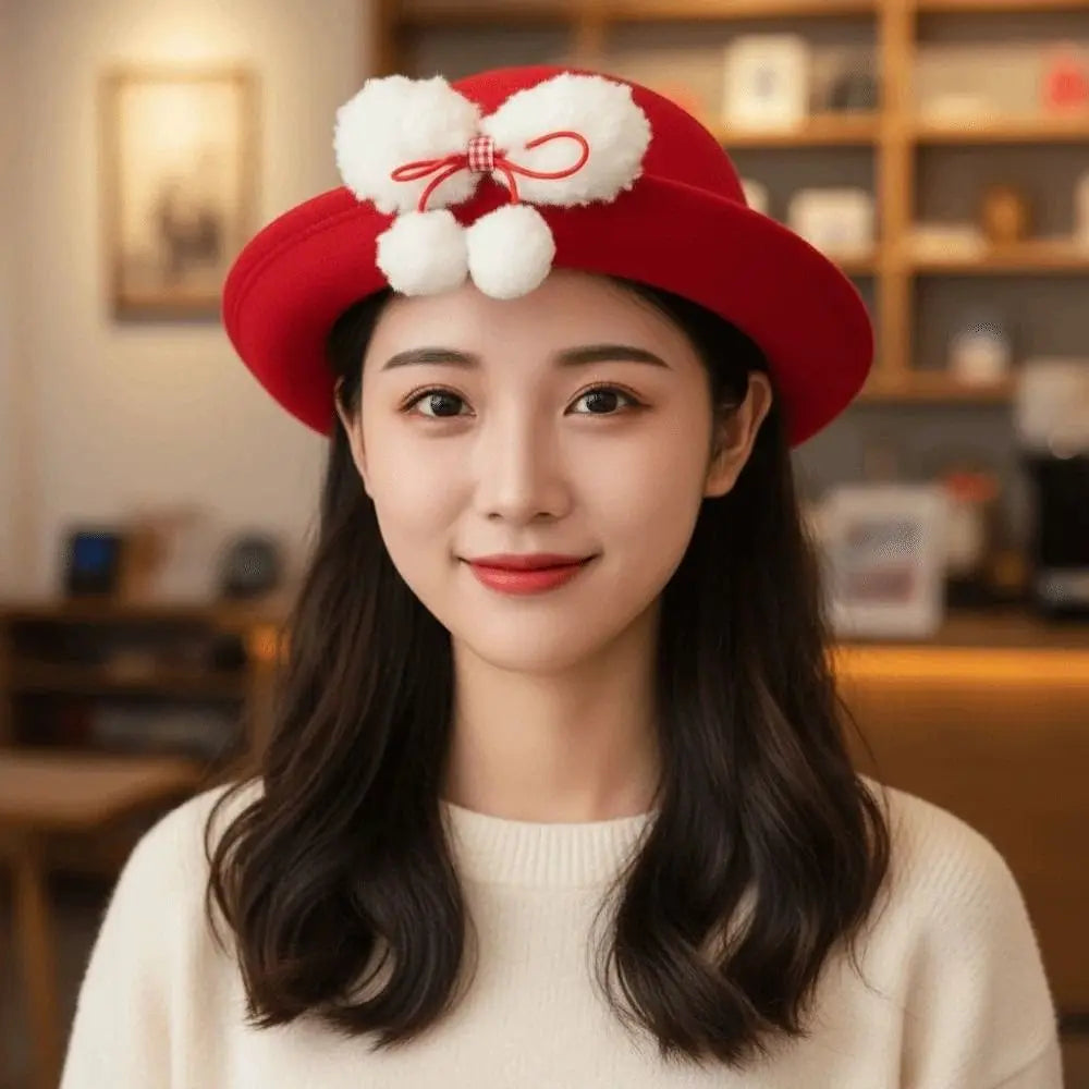 Top Hat Vintage Looking Red Bowler Hats Beret Japanese Style Woolen Bucket Cap Versatile Bow Girls Dome Hat Performances