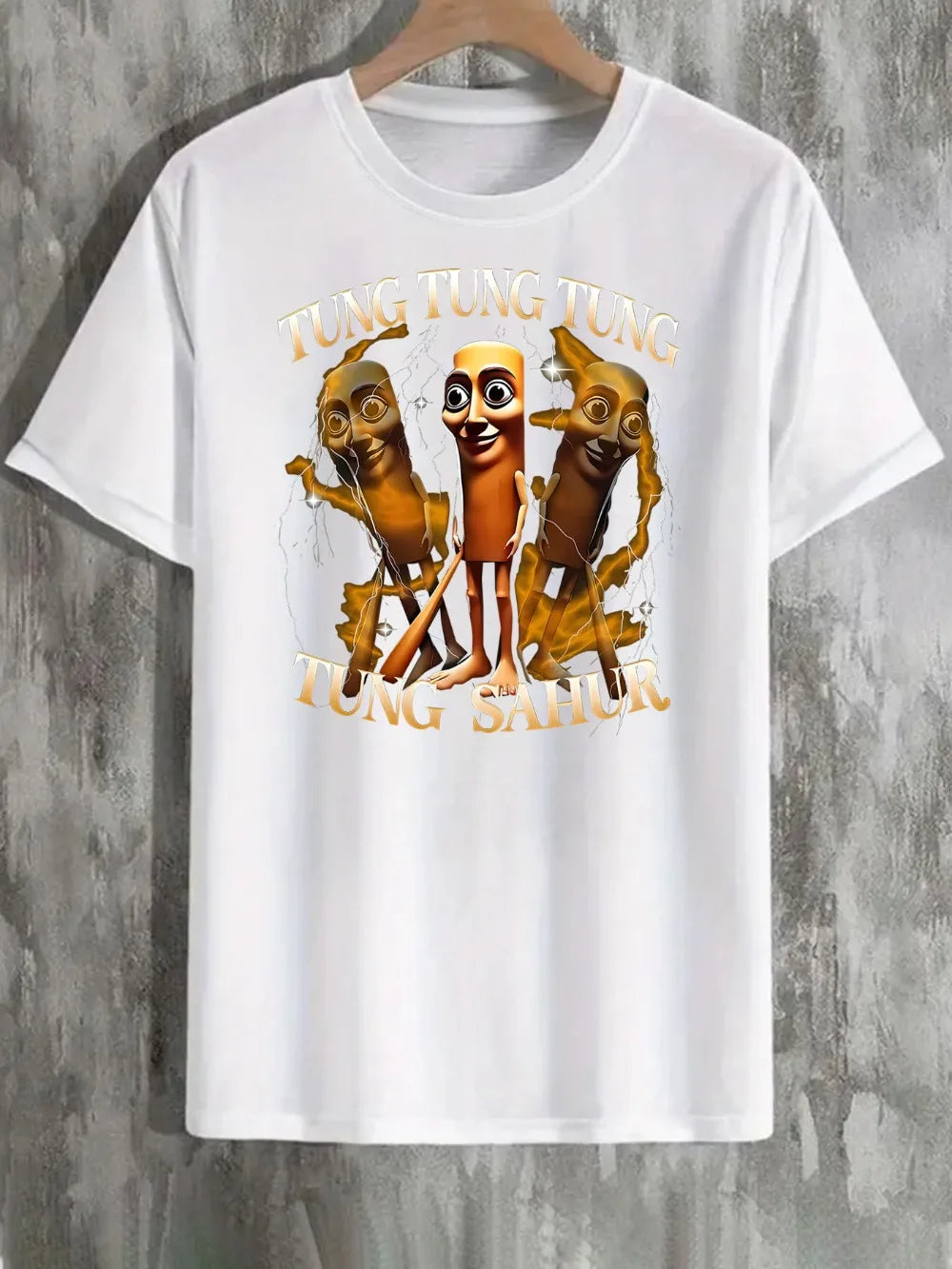 Tung Tung Tung Sahur Men's Funny Baseball Bat Italian Brainrot Graphic T-Shirt Retro Cartoon Print White Round Neck Short Sleeve