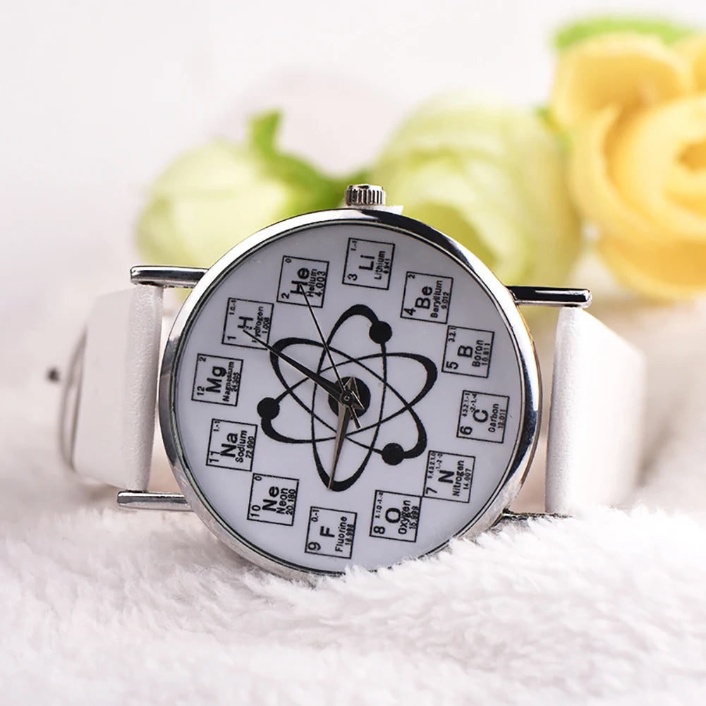 Ladies Watches Creative Design Chemical Element Markers Molecule Pattern Watches Leather Band Quartz Wristwatch Watch Women
