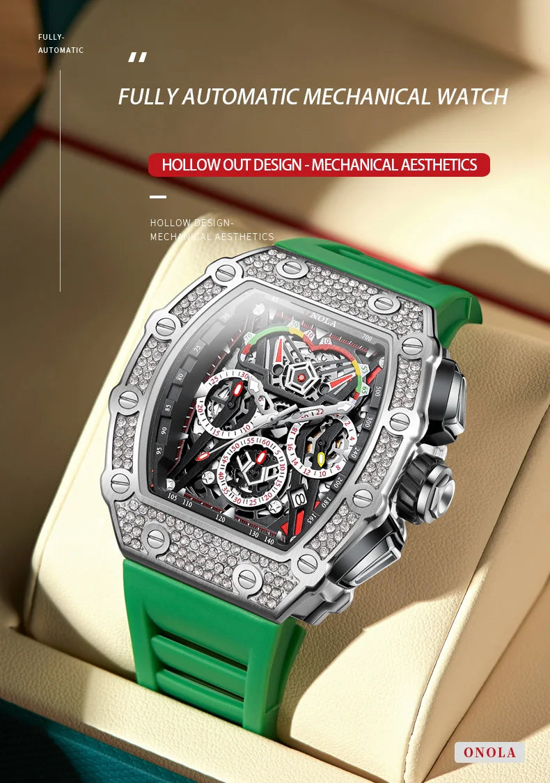 2022 New Men's Automatic Mechanical Watch ONOLA Fashion Unique Luxury Diamond Inlaid Design Waterproof Silicon Tape Watches Men