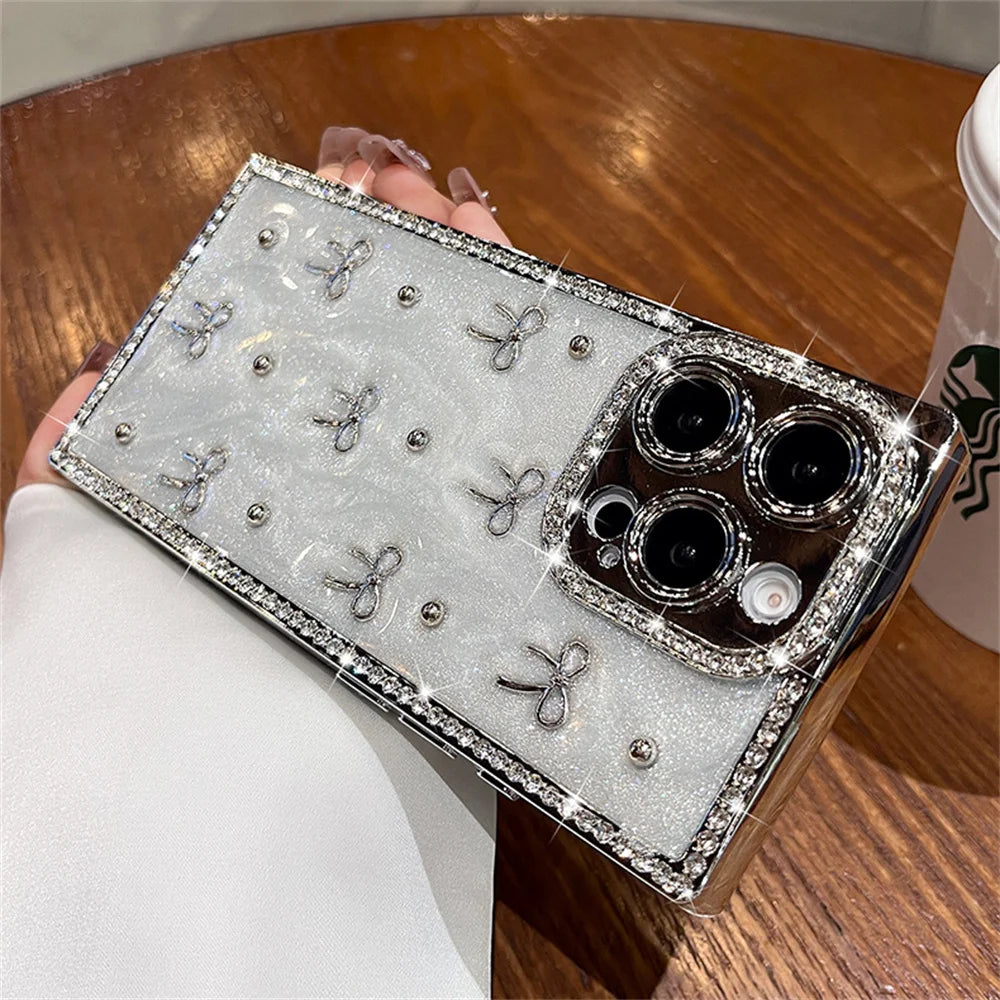 Luxury Rhinestone Bow Glitter Glossy Phone Case For iPhone 17 16 15 14 13 Pro Max Plus Lens Camera Protection Plating Back Cover