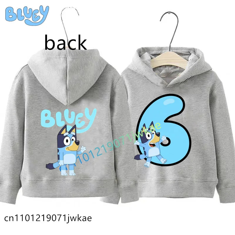 Bluey Birthday Number Print Hoodie Kids 1-9Y Front Back Design Long Sleeve Sweatshirt Boys Girls Casual Tops Birthday Party Wear