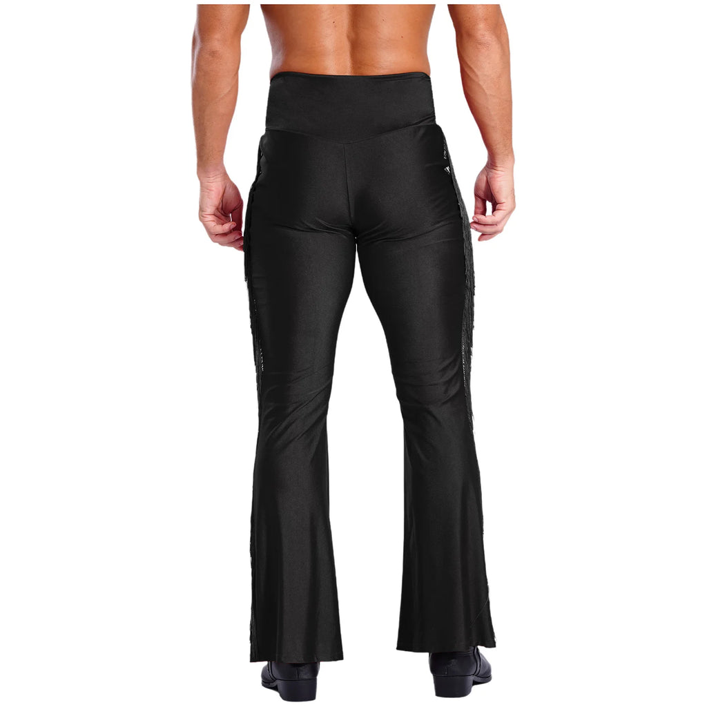 Mens Tassel Flared Pants Vintage Bell-Bottom High Waist Trousers for Jazz Latin Dance Stage Performance Club Disco Party Costume