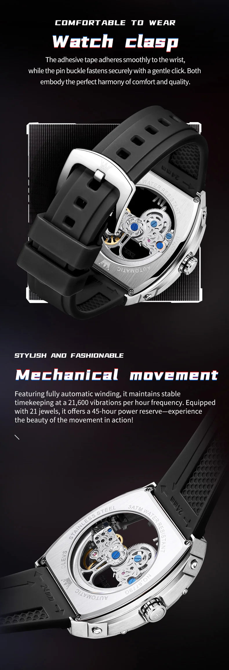 OLEVS 6779 Man Watch Skeleton Luxury Tonneau Mechanical Watches For Men Waterproof Silicone Strap Automatic Hand Clock Gifts Box