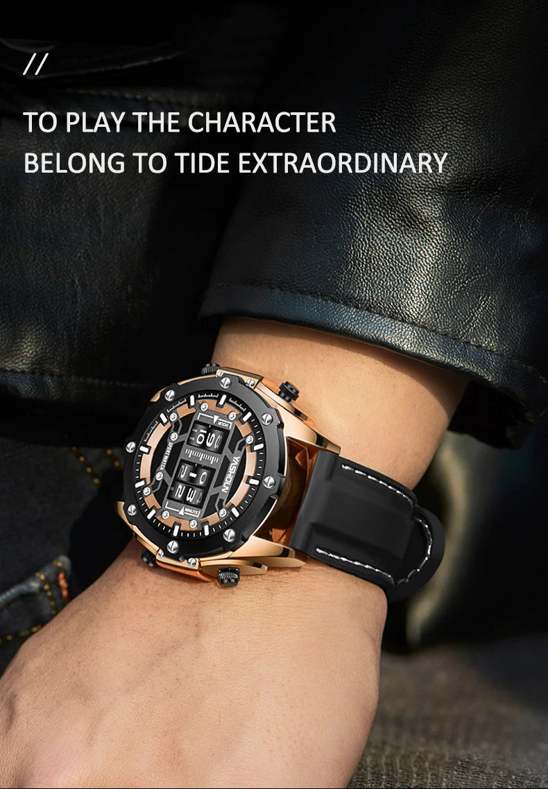 Men Quartz Watch Roller Digital Dial Design Silicone Strap Versatile Wristwatch Clock Waterproof Military Sports Clock