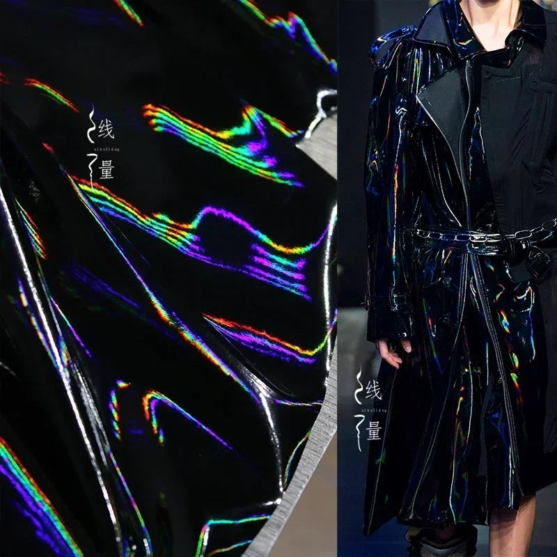 Black Iridescent Synthetic Leather Fabric Technology Oriented Micro Elastic TPU Fabrics Clothing Designer Cloth for Diy Sewing