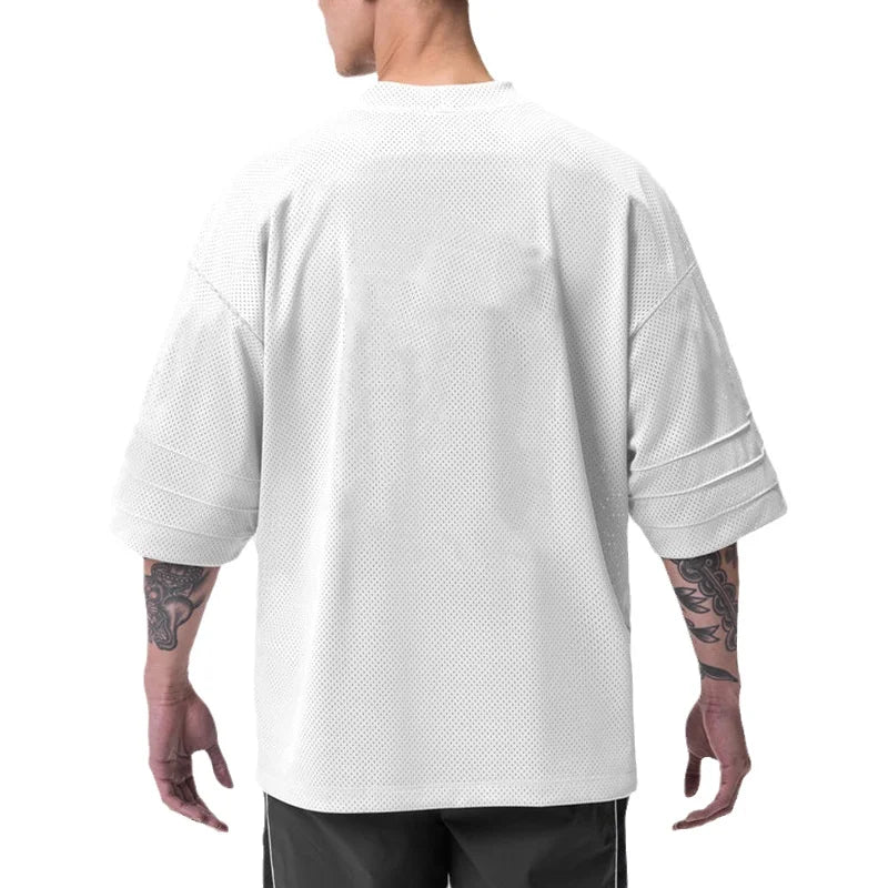 Oversized  Dropped Shoulders Half Sleeve T-shirts Mens Summer Big Mesh Quick Dry Sports Clothing Gym Fitness Workout T Shirts