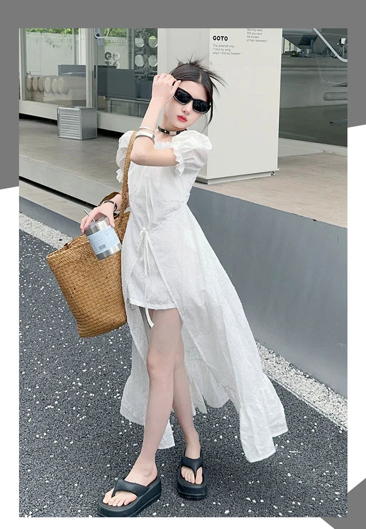 junior girls 2024 French Square Neck White Short Sleeve Dress Puff Sleeve Ruffle Long Skirt Premium teen kids princess Dresses