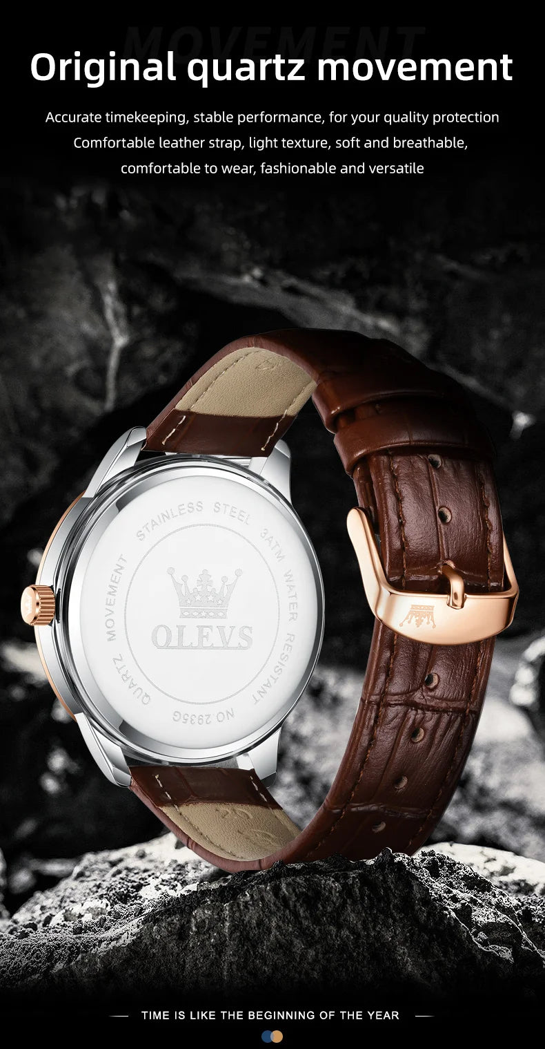 OLEVS 2935 Original Business Men Watch Leather Strap Trend Week Calendar Quartz Watch Luminous Waterproof 43mm Dial wristwatch