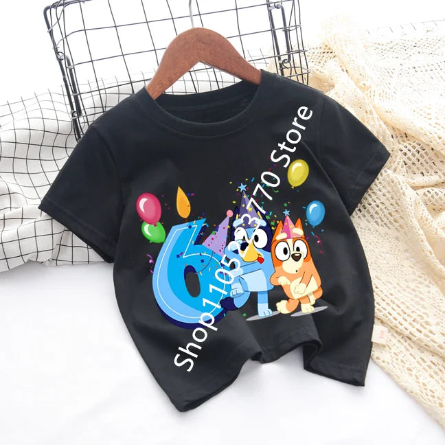 Bluey Baby Birthday T Shirt for Boys Girl Bingo Number Kids Clothes Summer Cartoon Letter Tees Shirts Toddler Short Sleeve Tops