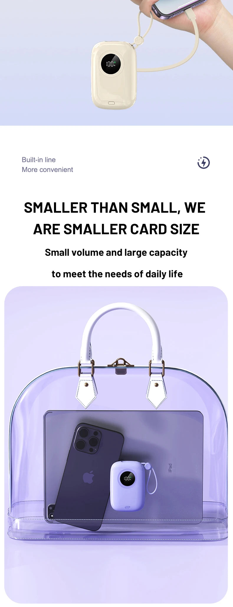 PD22.5W power bank, bidirectional fast charging with 10000mAh cable, large capacity mobile power bank mini ultra-thin power bank