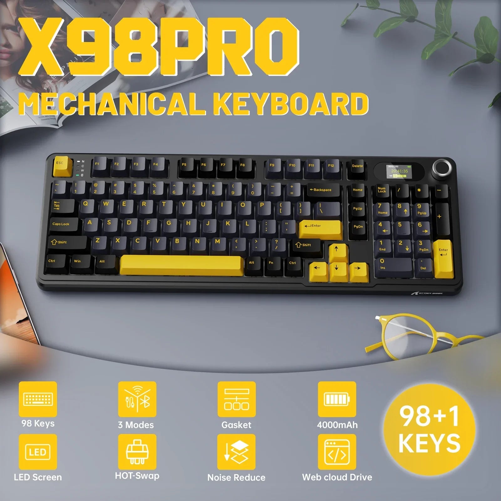 Attack Shark X98PRO 3-Mode RGB Bluetooth Wireless Mechanical Keyboard Full Key Hot-Swappable TFT Color Display Rotary Keyboard