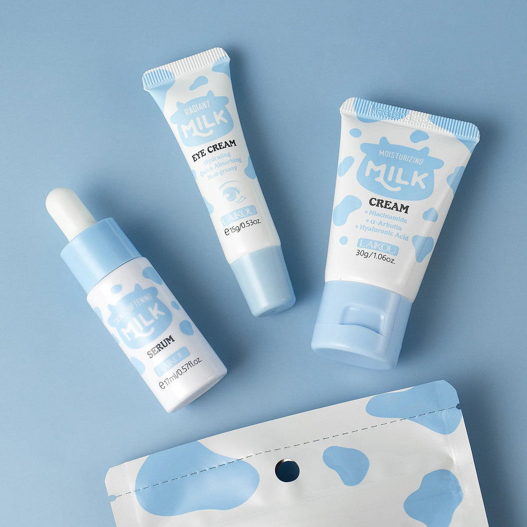 Deep Hydration Milk Skincare Set Softening Serum Gentle Eye Cream Radiant Moisturizing Glowing Trio