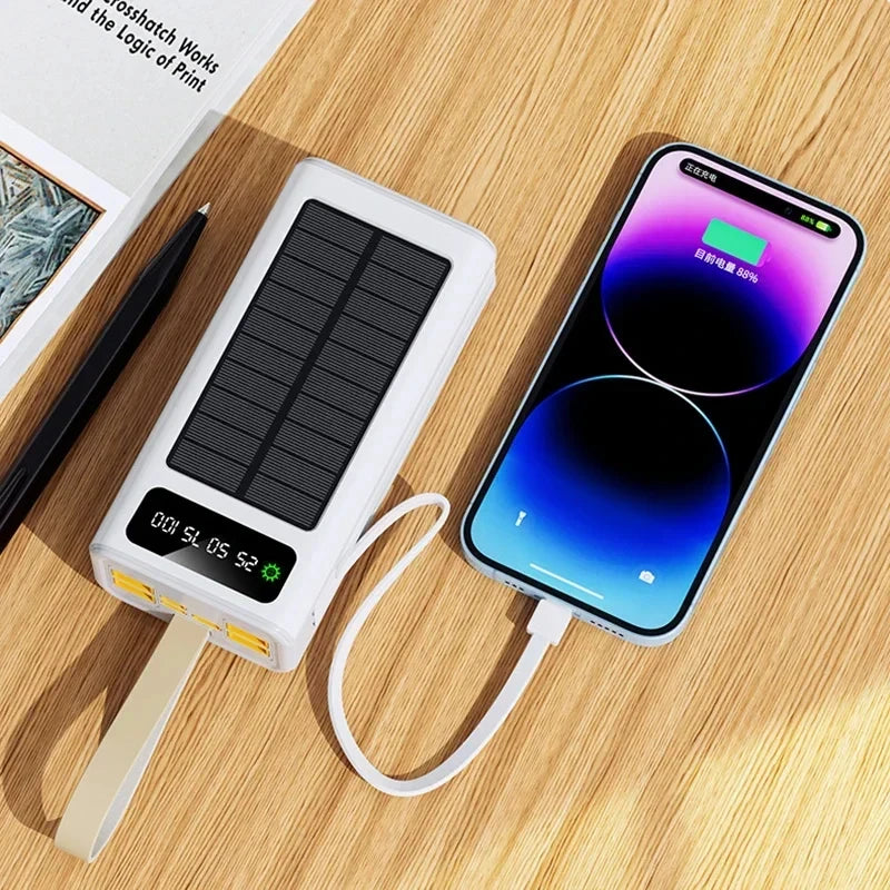 VIVO 500000mAh Solar Power Bank High-capacity Built-in 4 Cables External Battery LED Light PowerBank for iPhone Samsung