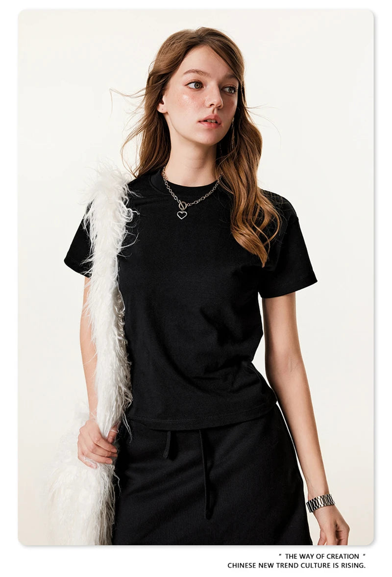 ZODF Women 2025 Spring 305gsm Cotton T-Shirts American Retro Hotsweet Girl Solid Comfortable T Shirt Brand Tees HY0968