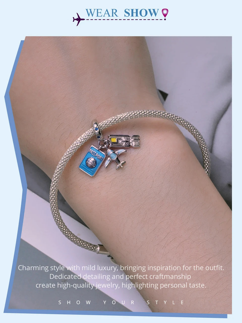 BISAER 925 Sterling Silver Summer Vacation Charm Bead Lipstick Sunglasses High Heels Airplane Pendant Fit Women DIY Bracelet