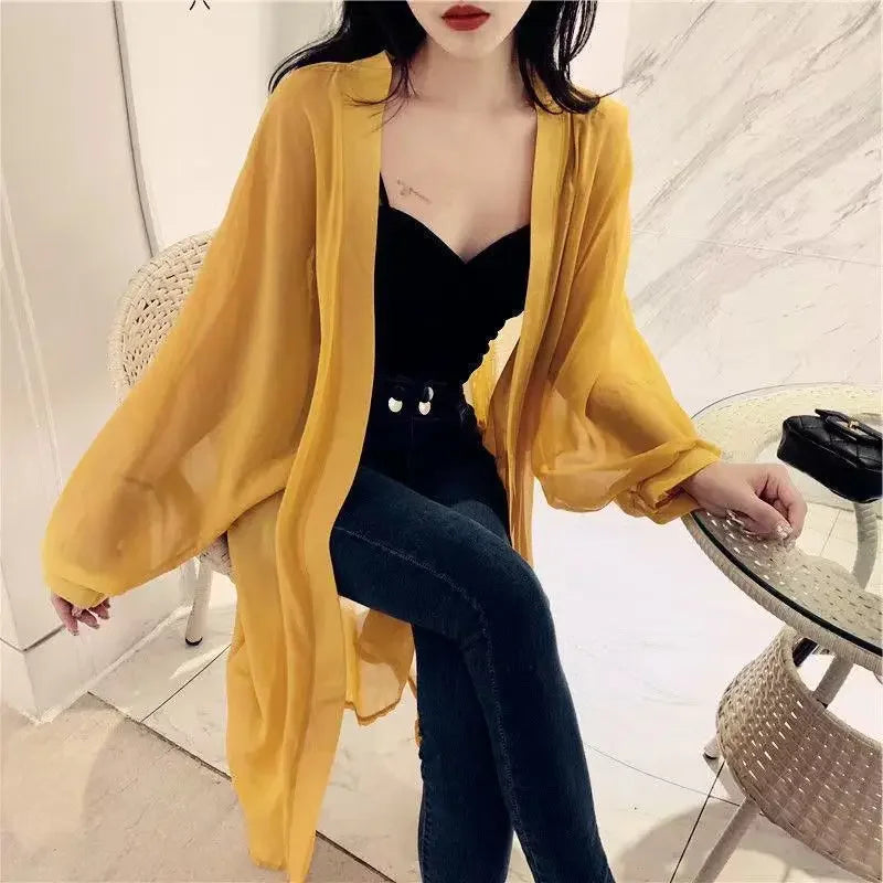 Long Shirts Women Summer Girls Sunscreen Clothing Seethrough Thin Loose Solid Simple Leisure All-match Korean Style Chiffon Tops