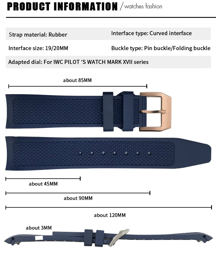 19mm 20mm Curved Rubber Silicone Watchband Fit for IWC Big Pilot Portofino Mark Black Blue Bracelets Diver Sports Watch Strap