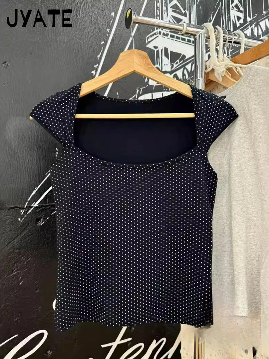 New Sweet Pink Cotton Crimping Short Sleeve Tees Women Summer Casual Simple Square Collar Crop Tops Vintage Basic Y2K T-shirts