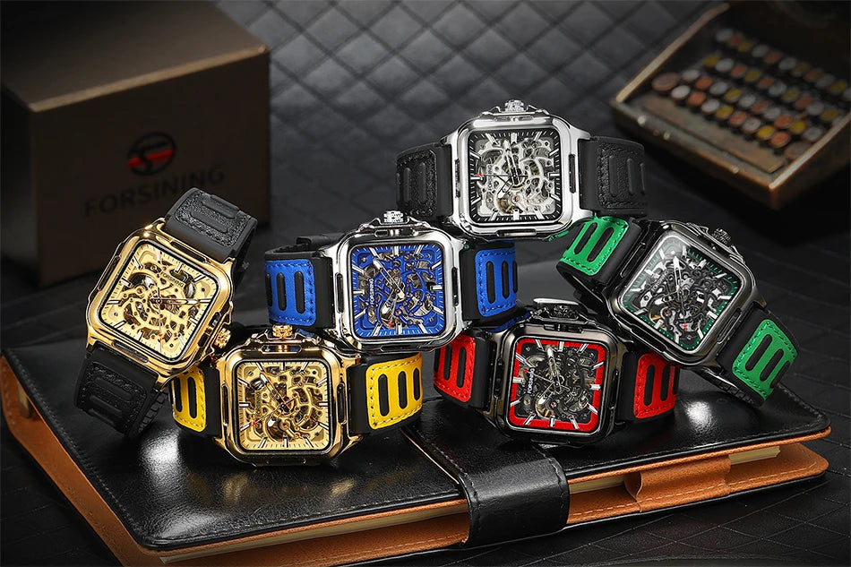 FORSINING Original Square Skeleton Mechanical Man Wristwatches Automatic Movement Field Sports Waterproof Silicone Replica Watch
