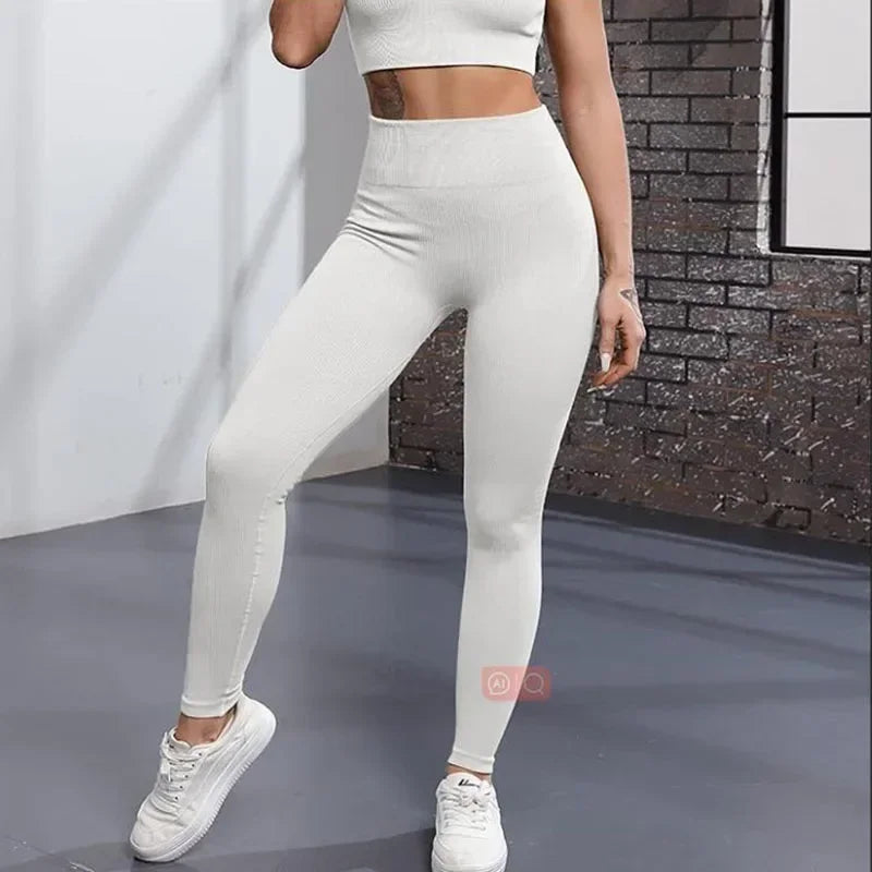 Women Thread Solid Leggings Seamless Knit Yoga Leggings Gym Workout Running Stretchy High Waist Hip Liftting Skinny Gym Tights